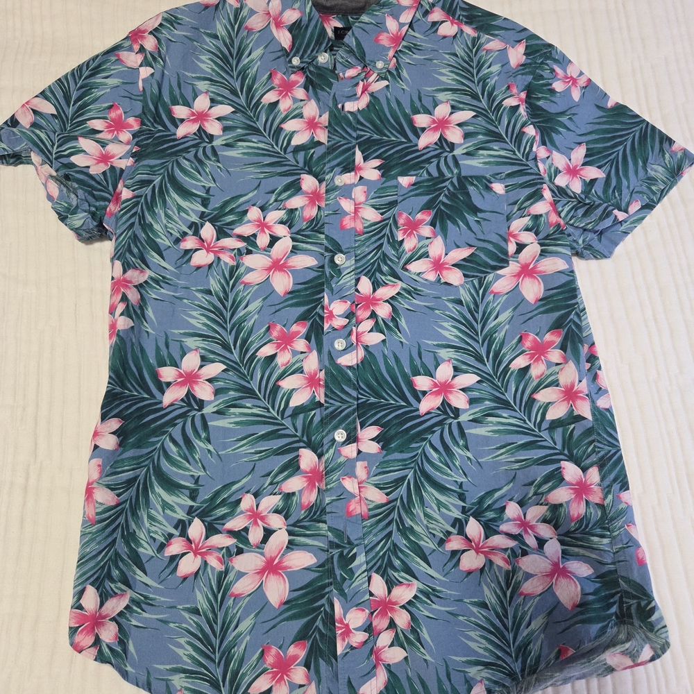 J. Crew Blue Tropical Floral Button-Down Shirt with Pink Flowers